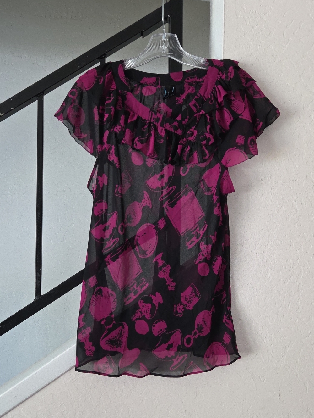 Ruffled Black Blouse with Magenta Print
